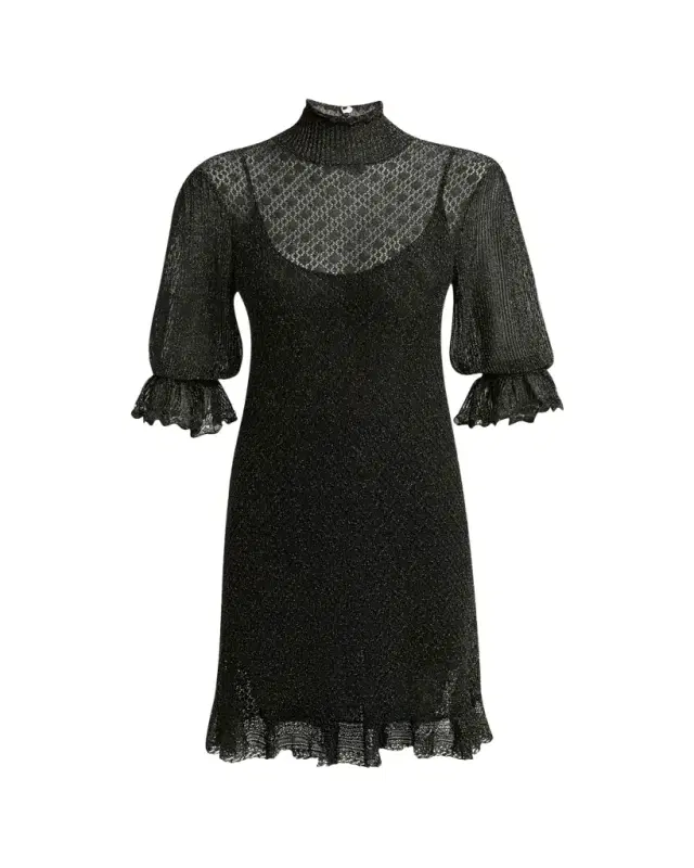 Chloe Turtleneck Metallic Open Knit Puff-Sleeve Dress