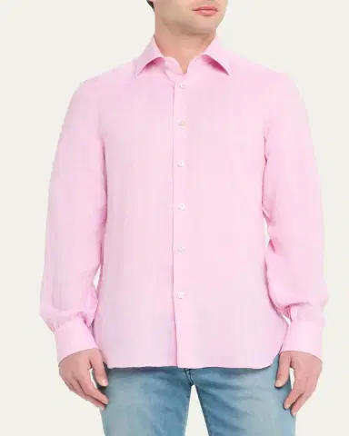 Kiton Men's Solid Linen Button-Down Shirt with Mother-Of-Pearl | Thumbnail 4 Kiton Men's Solid Linen Button-Down Shirt with Mother-Of-Pearl | Thumbnail 4