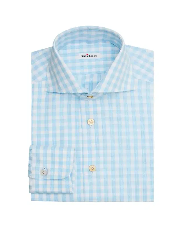 Kiton Men's Cotton Plaid Dress Shirt with Mother-Of-Pearl Buttons