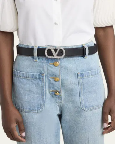Valentino Garavani Crystal VLogo Leather Belt, 30mm | Thumbnail 2