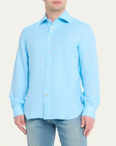Kiton Men's Solid Linen Button-Down Shirt with Mother-Of-Pearl | Thumbnail 4