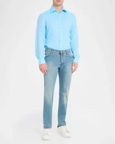 Kiton Men's Solid Linen Button-Down Shirt with Mother-Of-Pearl | Thumbnail 6