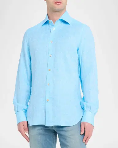 Kiton Men's Solid Linen Button-Down Shirt with Mother-Of-Pearl | Thumbnail 8