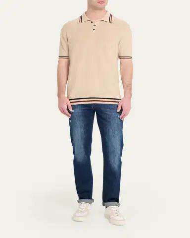 Kiton Men's Double-Stripe Trim Cotton Knit Polo Shirt | Thumbnail 2