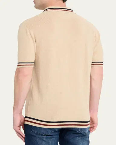 Kiton Men's Double-Stripe Trim Cotton Knit Polo Shirt | Thumbnail 3