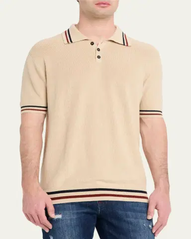 Kiton Men's Double-Stripe Trim Cotton Knit Polo Shirt | Thumbnail 4