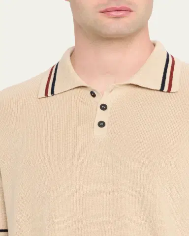 Kiton Men's Double-Stripe Trim Cotton Knit Polo Shirt | Thumbnail 5