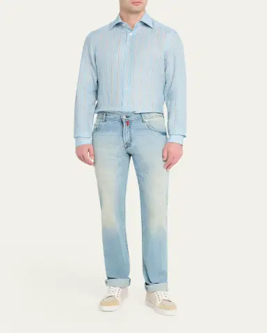 Kiton Men's Linen Stripe Button-Down Shirt with Mother-Of-Pearl | Thumbnail 2 Kiton Men's Linen Stripe Button-Down Shirt with Mother-Of-Pearl | Thumbnail 2