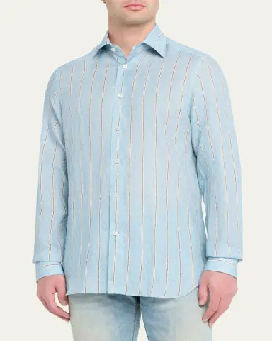 Kiton Men's Linen Stripe Button-Down Shirt with Mother-Of-Pearl | Thumbnail 4 Kiton Men's Linen Stripe Button-Down Shirt with Mother-Of-Pearl | Thumbnail 4