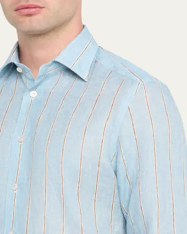 Kiton Men's Linen Stripe Button-Down Shirt with Mother-Of-Pearl | Thumbnail 5 Kiton Men's Linen Stripe Button-Down Shirt with Mother-Of-Pearl | Thumbnail 5