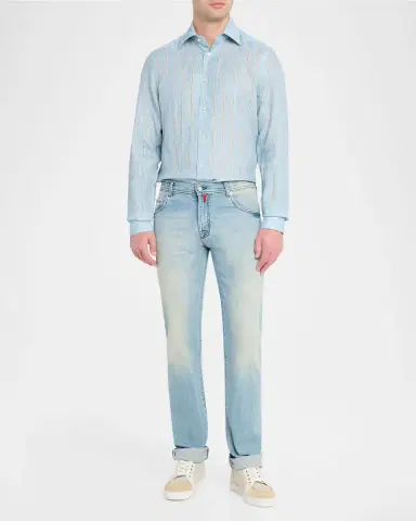 Kiton Men's Linen Stripe Button-Down Shirt with Mother-Of-Pearl | Thumbnail 6 Kiton Men's Linen Stripe Button-Down Shirt with Mother-Of-Pearl | Thumbnail 6