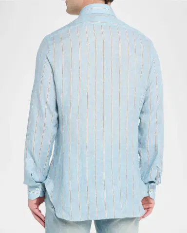 Kiton Men's Linen Stripe Button-Down Shirt with Mother-Of-Pearl | Thumbnail 7 Kiton Men's Linen Stripe Button-Down Shirt with Mother-Of-Pearl | Thumbnail 7