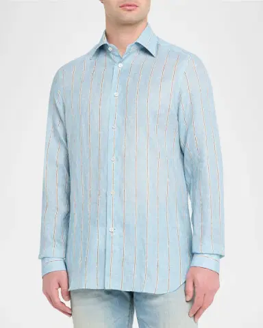 Kiton Men's Linen Stripe Button-Down Shirt with Mother-Of-Pearl | Thumbnail 8 Kiton Men's Linen Stripe Button-Down Shirt with Mother-Of-Pearl | Thumbnail 8