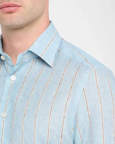 Kiton Men's Linen Stripe Button-Down Shirt with Mother-Of-Pearl | Thumbnail 9 Kiton Men's Linen Stripe Button-Down Shirt with Mother-Of-Pearl | Thumbnail 9
