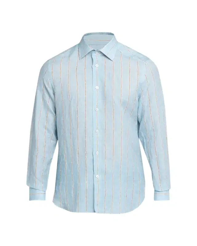 Men's Linen Stripe Button-Down Shirt with Mother-Of-Pearl