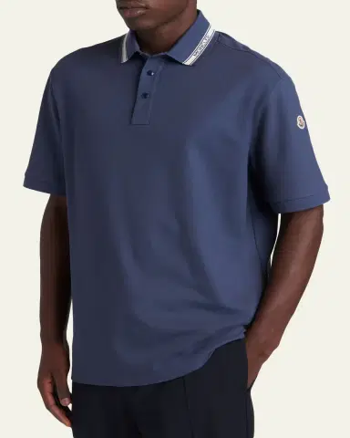 Moncler Men's Stripe-Trim Cotton Pique Polo Shirt | Thumbnail 4 Moncler Men's Stripe-Trim Cotton Pique Polo Shirt | Thumbnail 4