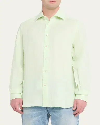 Kiton Men's Solid Linen Button-Down Shirt with Mother-Of-Pearl | Thumbnail 4 Kiton Men's Solid Linen Button-Down Shirt with Mother-Of-Pearl | Thumbnail 4