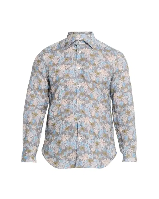 Men's Palm-Print Linen Button-Down Shirt with Mother-Of-Pearl