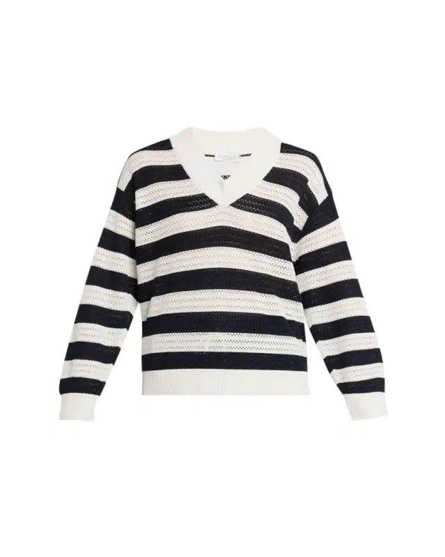 Brunello Cucinelli Sparkling Striped Cotton Net Knit V-Neck Sweater