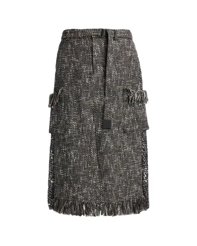 Mixed-Media Tweed Belted Midi Skirt