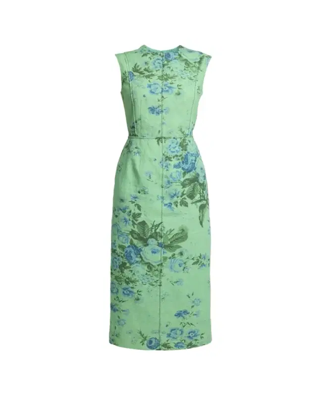 Sleeveless Floral-Print Linen Midi Dress
