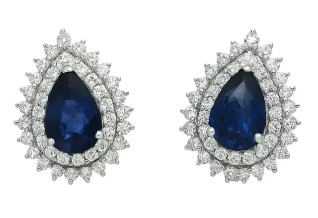 3.41ct Diamond Sapphire 18K Gold Pear Halo Earrings