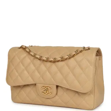 Chanel Pre-owned Chanel Jumbo Classic Double Flap Bag Light Beige Caviar Gold Hardware | Thumbnail 5