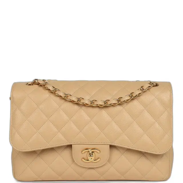 Pre-owned Chanel Jumbo Classic Double Flap Bag Light Beige Caviar Gold Hardware Pre-owned Chanel Jumbo Classic Double Flap Bag Light Beige Caviar Gold Hardware