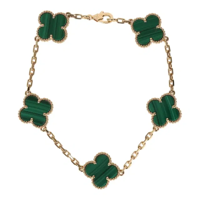 Van Cleef & Arpels Vintage Alhambra 5 Motif Bracelet Malachite 18K Yellow Gold Hardware