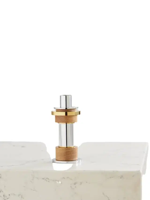 Christofle Myriade Medium Stainless Steel, Gold-tone, Oak And Glass Candle Holder