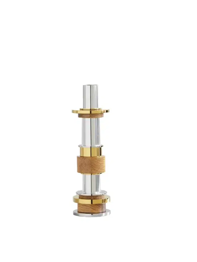 Christofle Myriade Large Stainless Steel, Gold-tone, Oak And Glass Candle Holder