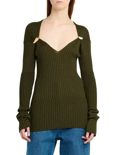 Bottega Veneta Women's Prisma Brooch Cashmere-Silk Sweater - Wader Green - Size XL | Thumbnail 3