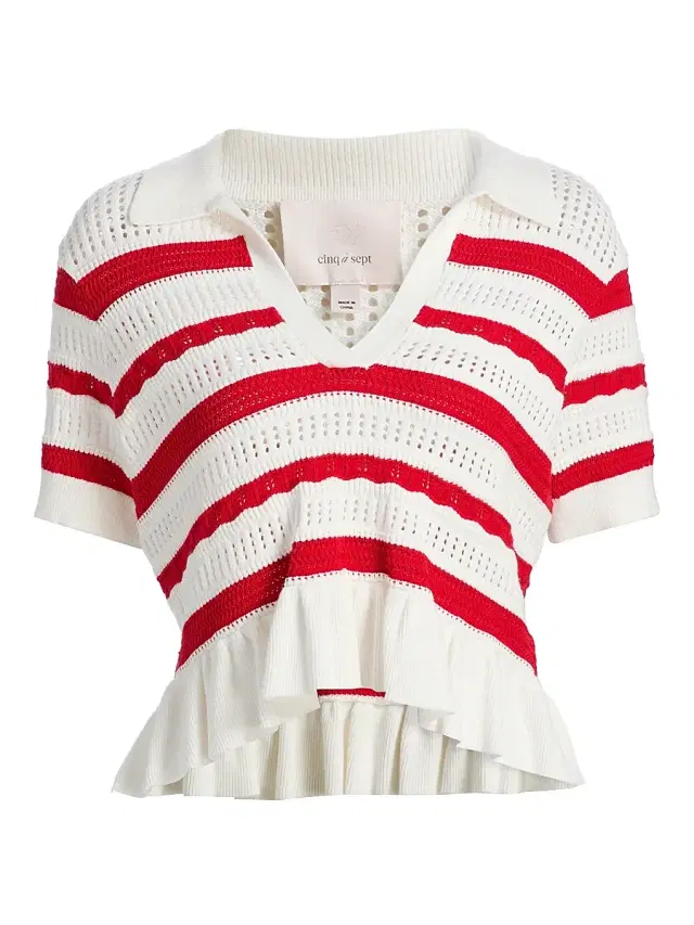 Cinq à Sept Women's Elvire Striped Pointelle Polo Sweater - Goji Berry