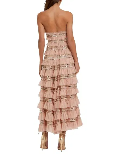 Mac Duggal Women's Sequin-Striped Ruffled Mesh Strapless Maxi Dress - Porcelain - Size 12 | Thumbnail 2