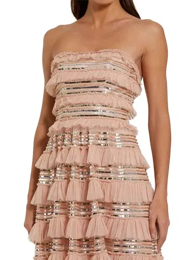 Mac Duggal Women's Sequin-Striped Ruffled Mesh Strapless Maxi Dress - Porcelain - Size 12 | Thumbnail 3