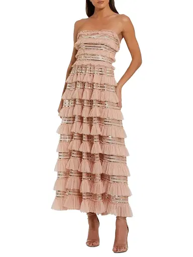 Mac Duggal Women's Sequin-Striped Ruffled Mesh Strapless Maxi Dress - Porcelain - Size 12 | Thumbnail 1