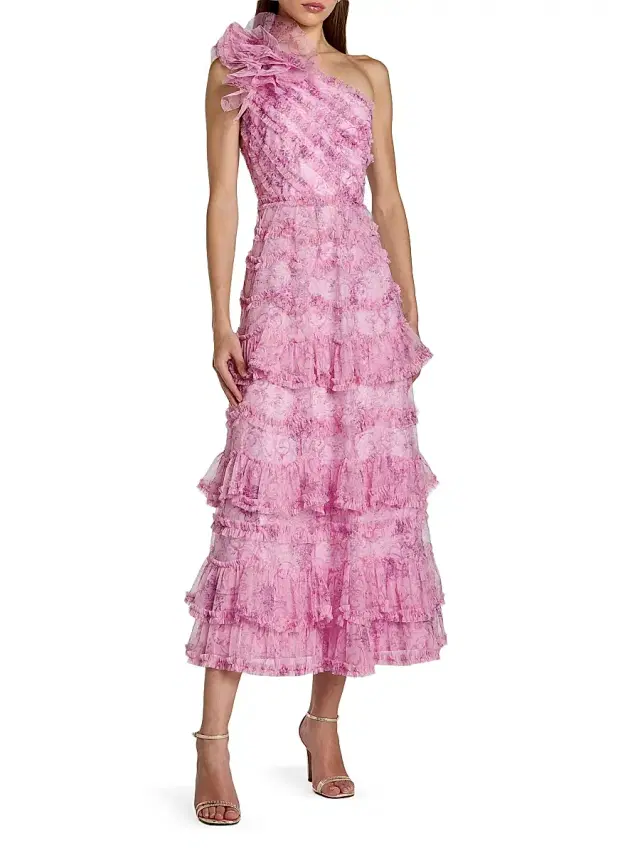 Women's Baroque Mesh Ruffled One-Shoulder Midi-Dress - Pastel Multi