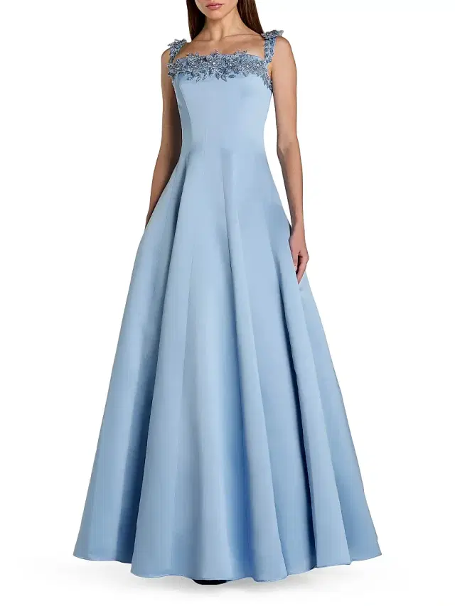 Women's Beaded Satin Off-The-Shoulder Gown - Slate Blue