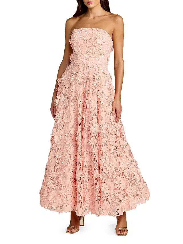Women's Floral Lace Strapless A-Line Midi-Dress - Blush