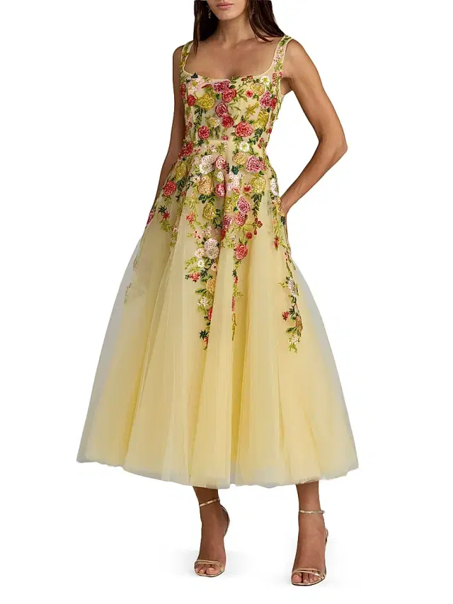 Women's Floral-Embroidered Tulle Cocktail Dress - Butter Multi
