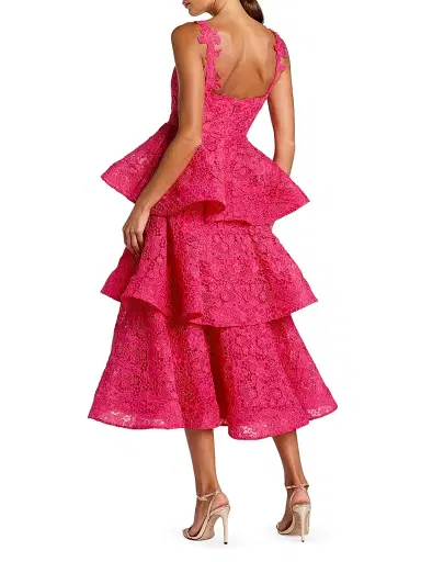 Mac Duggal Women's Floral Lace Tiered Midi-Dress - Hot Pink - Size 14 | Thumbnail 2
