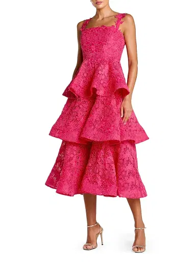 Mac Duggal Women's Floral Lace Tiered Midi-Dress - Hot Pink - Size 14 | Thumbnail 1