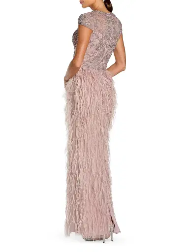 Mac Duggal Women's Beaded Feather-Trim Gown - Mocha - Size 16 | Thumbnail 2