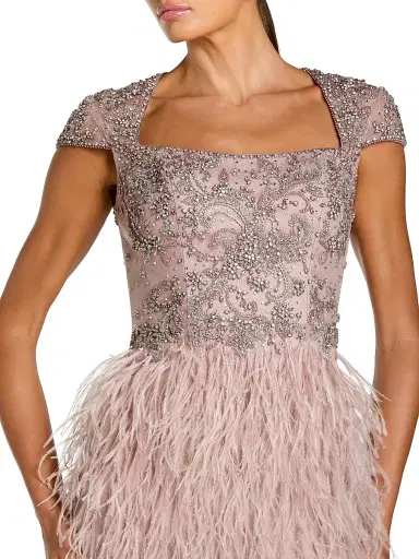 Mac Duggal Women's Beaded Feather-Trim Gown - Mocha - Size 16 | Thumbnail 3