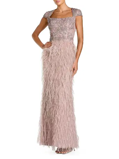 Mac Duggal Women's Beaded Feather-Trim Gown - Mocha - Size 16 | Thumbnail 1