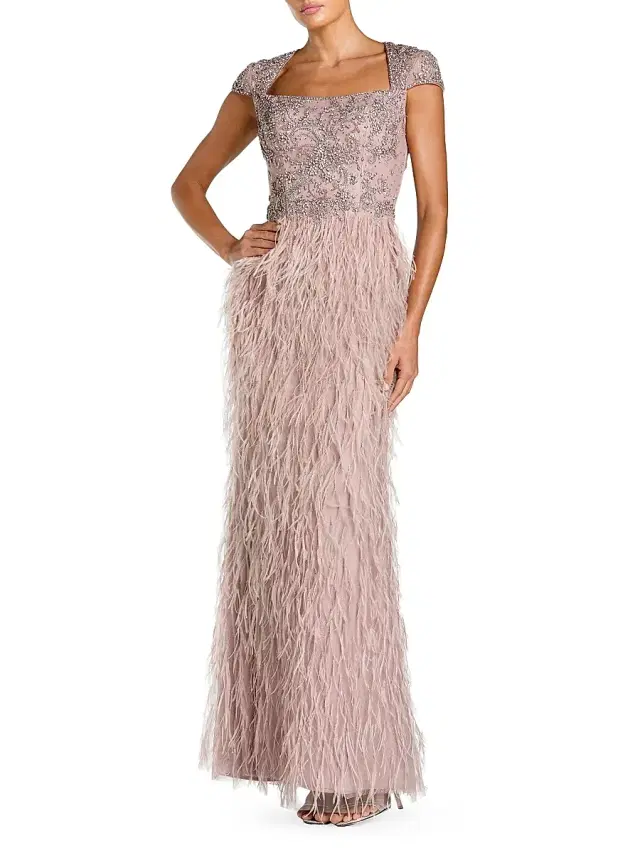 Women's Beaded Feather-Trim Gown - Mocha