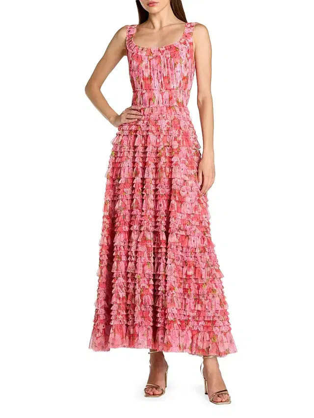 Women's Floral Mesh Ruffled Maxi Dress - Cherry Multi