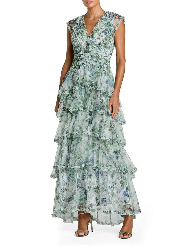 Women's Floral Mesh Ruffled V-Neck Maxi Dress - Blue Multi
