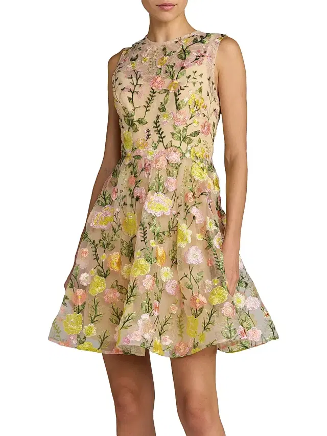 Women's Embroidered Floral Lace Minidress - Yellow Multi