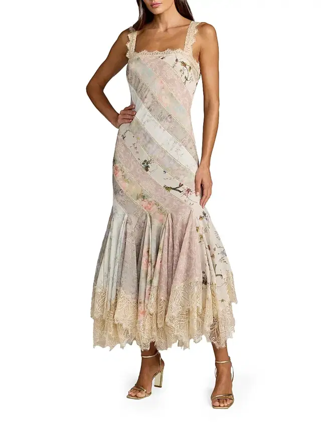 Women's Floral Patchwork Chiffon Handkerchief-Hem Cocktail Dress - Pastel Multi